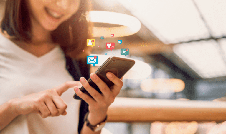 social-media-and-digital-online-smiling-asian-woman-using-smartphone-and-show-technology-icon